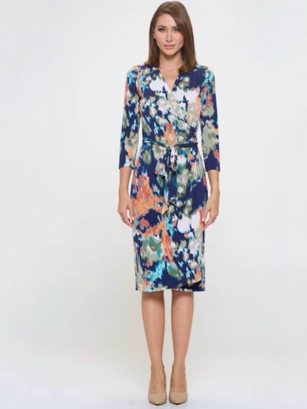 Renee C Abstract Print V-Neck Jersey Wrap Midi Dress Size 3X Floral 3/4 Sleeves - Picture 11 of 12